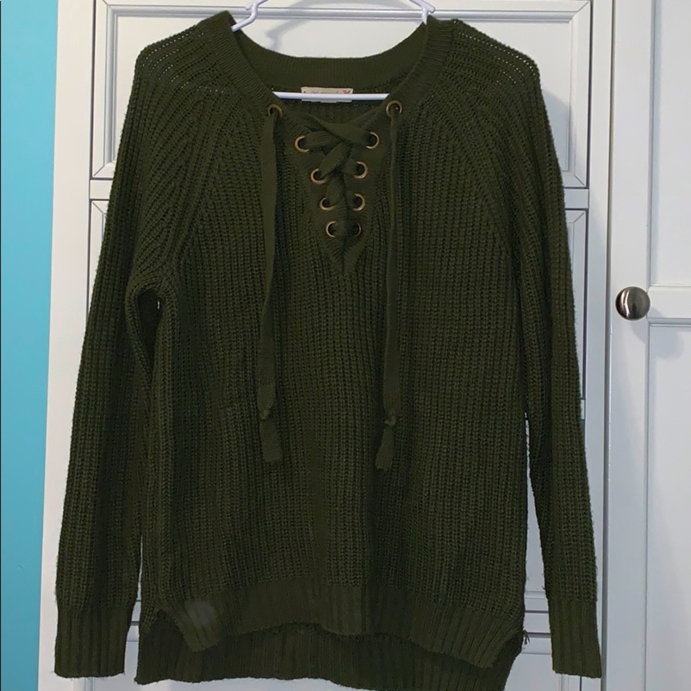 olive green lace up sweater